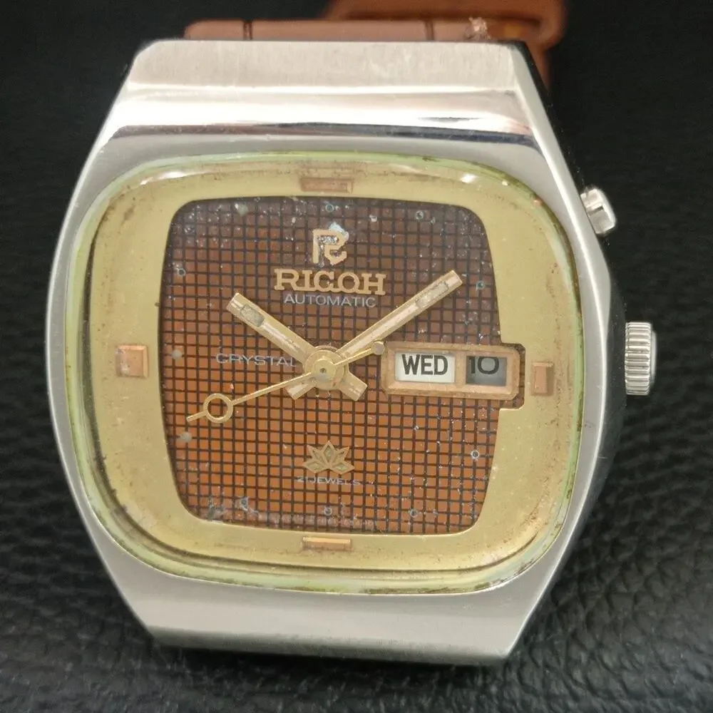Vintage 1984 Ricoh Automatic Mens Silver Watch W/daydate & Gold accents